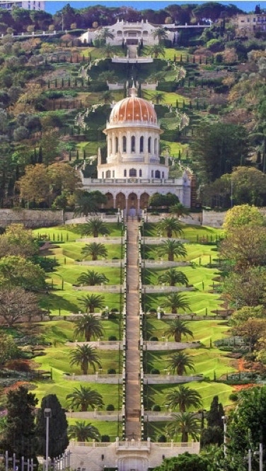 Terraces on slope for Mt Carmel in Haifa, Israel from harbor to top of the mountain.